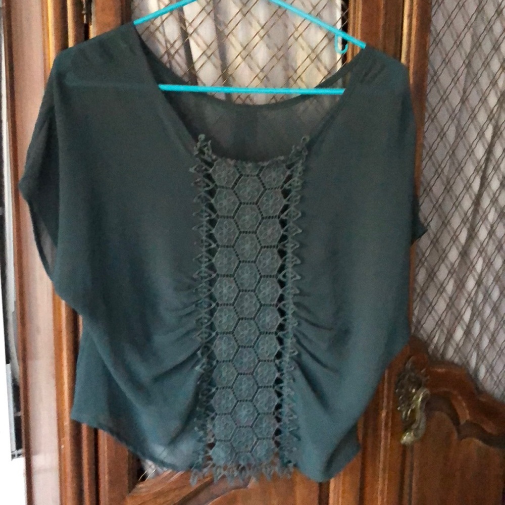 Ambiance SF Sheer Lace Panel Cropped Blouse SIZE SMALL